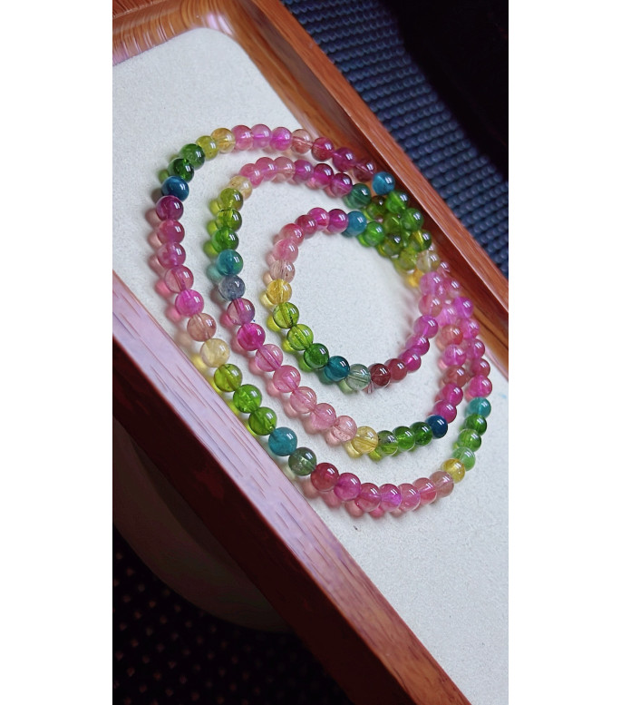 103F4 exquisite rainbow tourmaline three circle bracelet, size about 5.3mm, weight 25.2