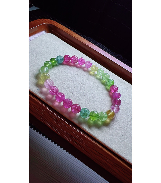 101F7 mermaid colored tourmaline bracelet, size about 7mm, weight 14.5 grams, crystal