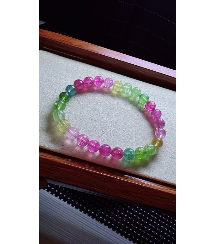 101F7 mermaid colored tourmaline bracelet, size about 7mm, weight 14.5 grams, crystal