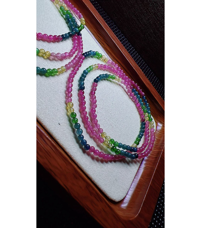 Exquisite color code tourmaline three circle small bracelet, size about 3mm, weight 7.8