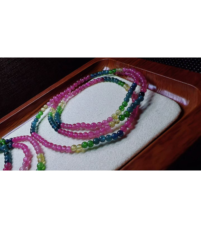 Exquisite color code tourmaline three circle small bracelet, size about 3mm, weight 7.8