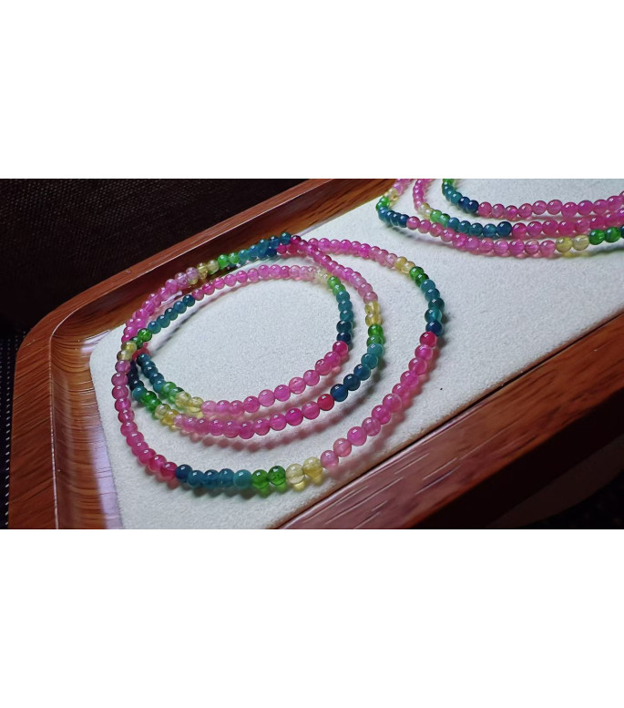 Exquisite color code tourmaline three circle small bracelet, size about 3mm, weight 7.8