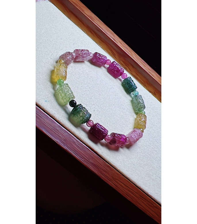 1225F11 exquisite patterned bead tourmaline bracelet, size about 7X9mm, weight 13.7g