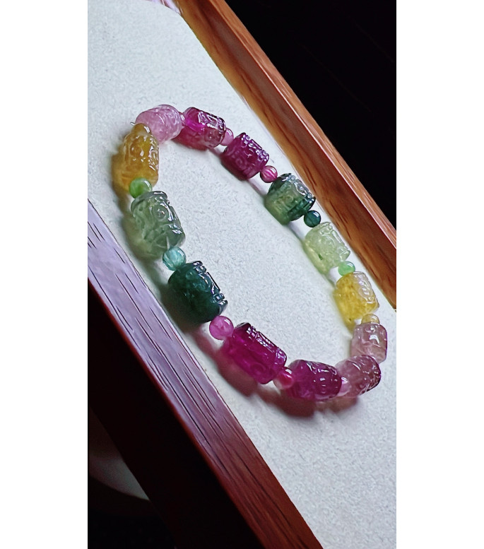 1225F11 exquisite patterned bead tourmaline bracelet, size about 7X9mm, weight 13.7g
